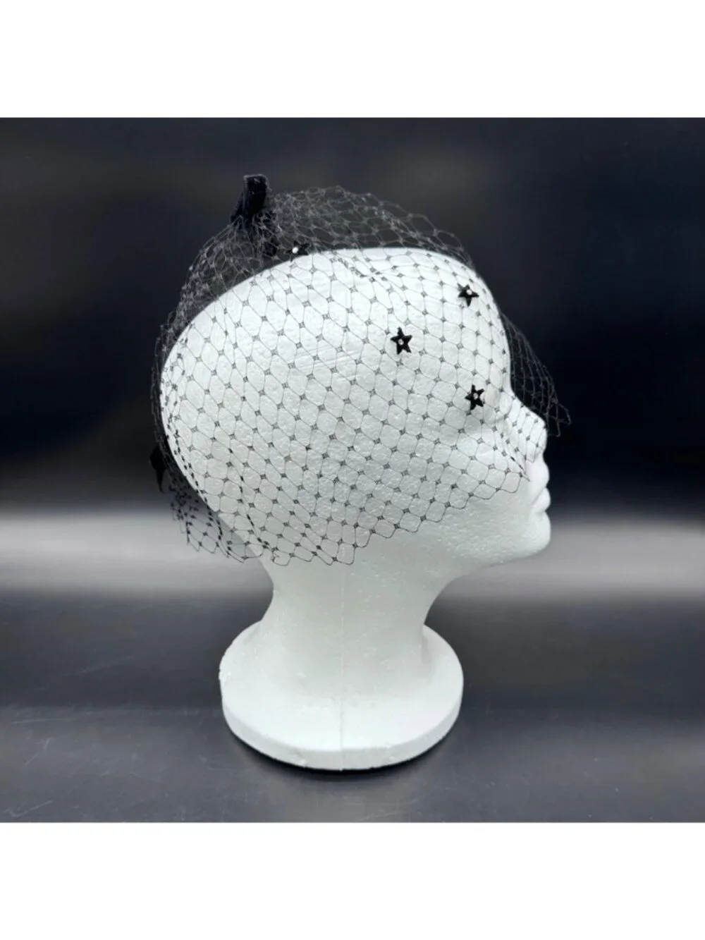 Vintage Black Veil Stars Bows Mid Century Headpiece Costume Accessory Retro Chic - Picture 3 of 9